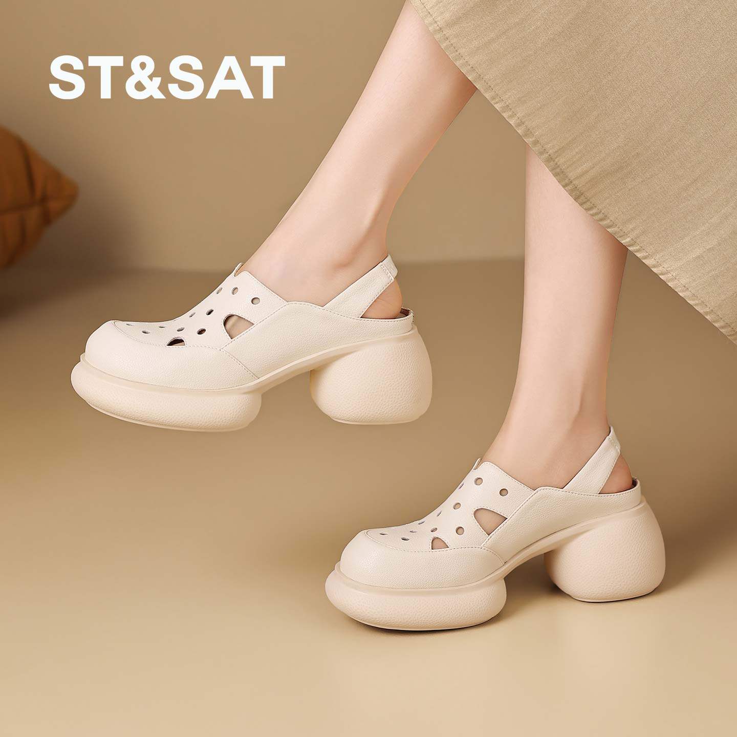 星期六小个子增高厚底洞洞鞋女包头凉鞋镂空外穿舒适不累脚高级感