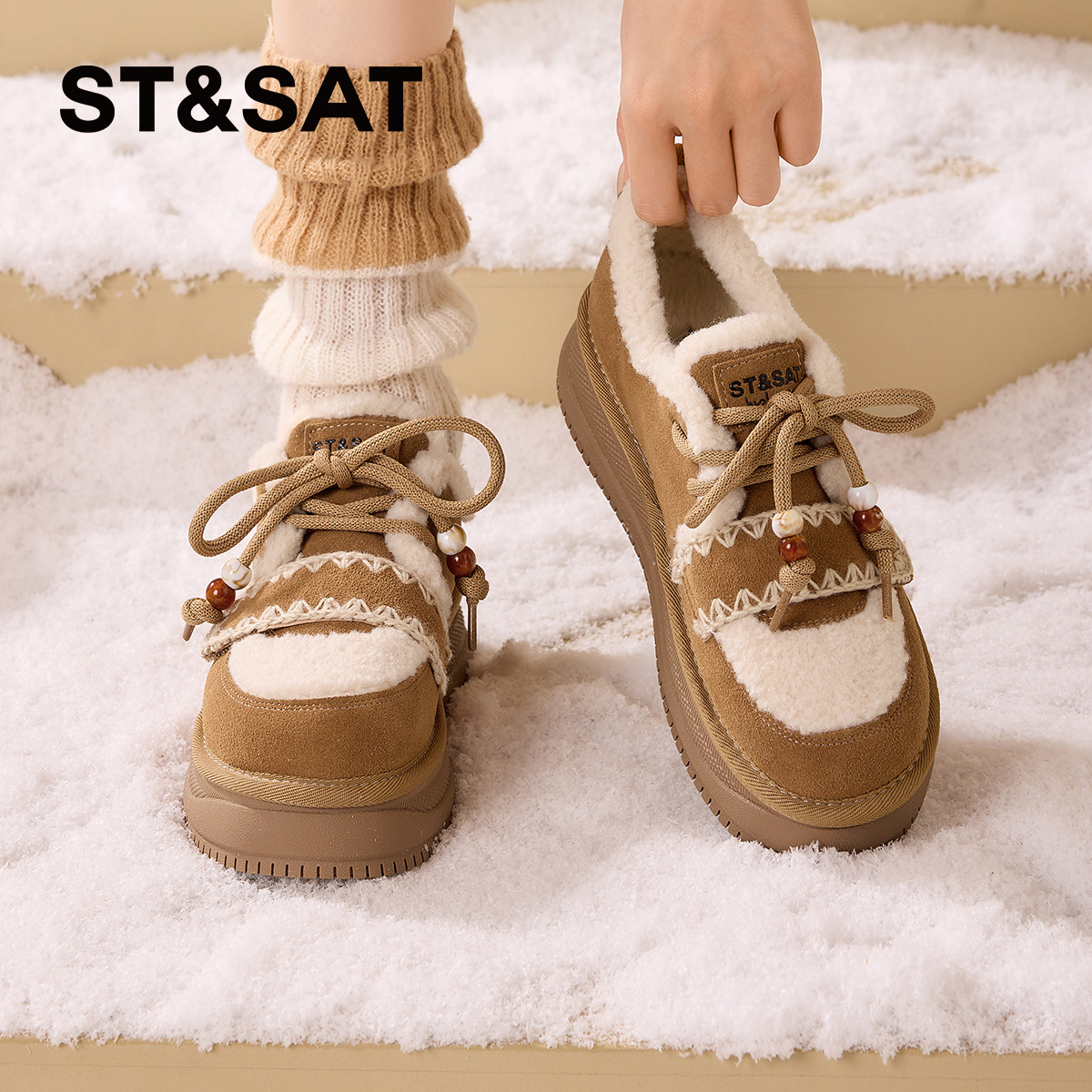 星期六真皮加绒全包勃肯鞋女2025新款秋冬季厚底女鞋保暖毛毛鞋子