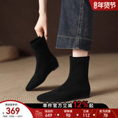 星期六黑色短靴女秋冬新款 复古绒面靴子气质尖头瘦瘦靴平底靴