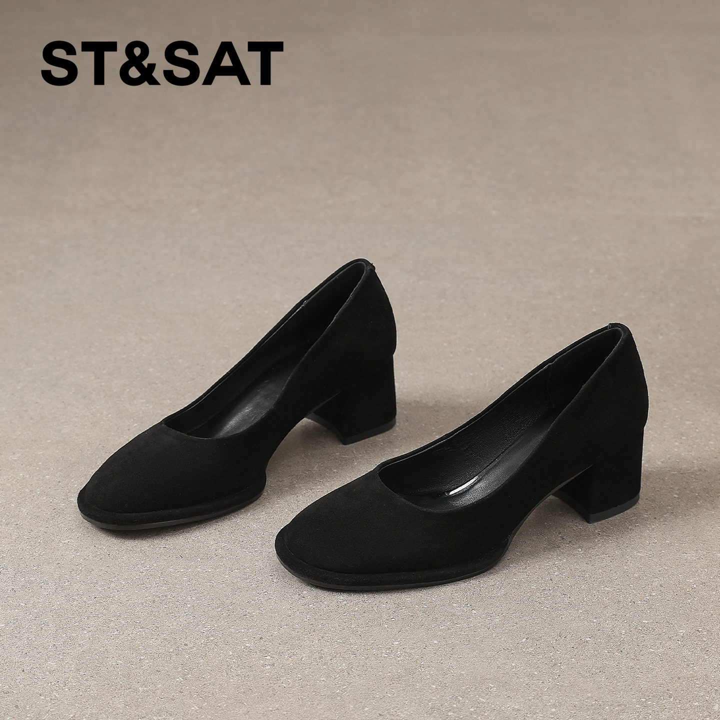 星期六极简风真皮绒面圆头高跟鞋女2026年春新款粗跟素面浅口单鞋