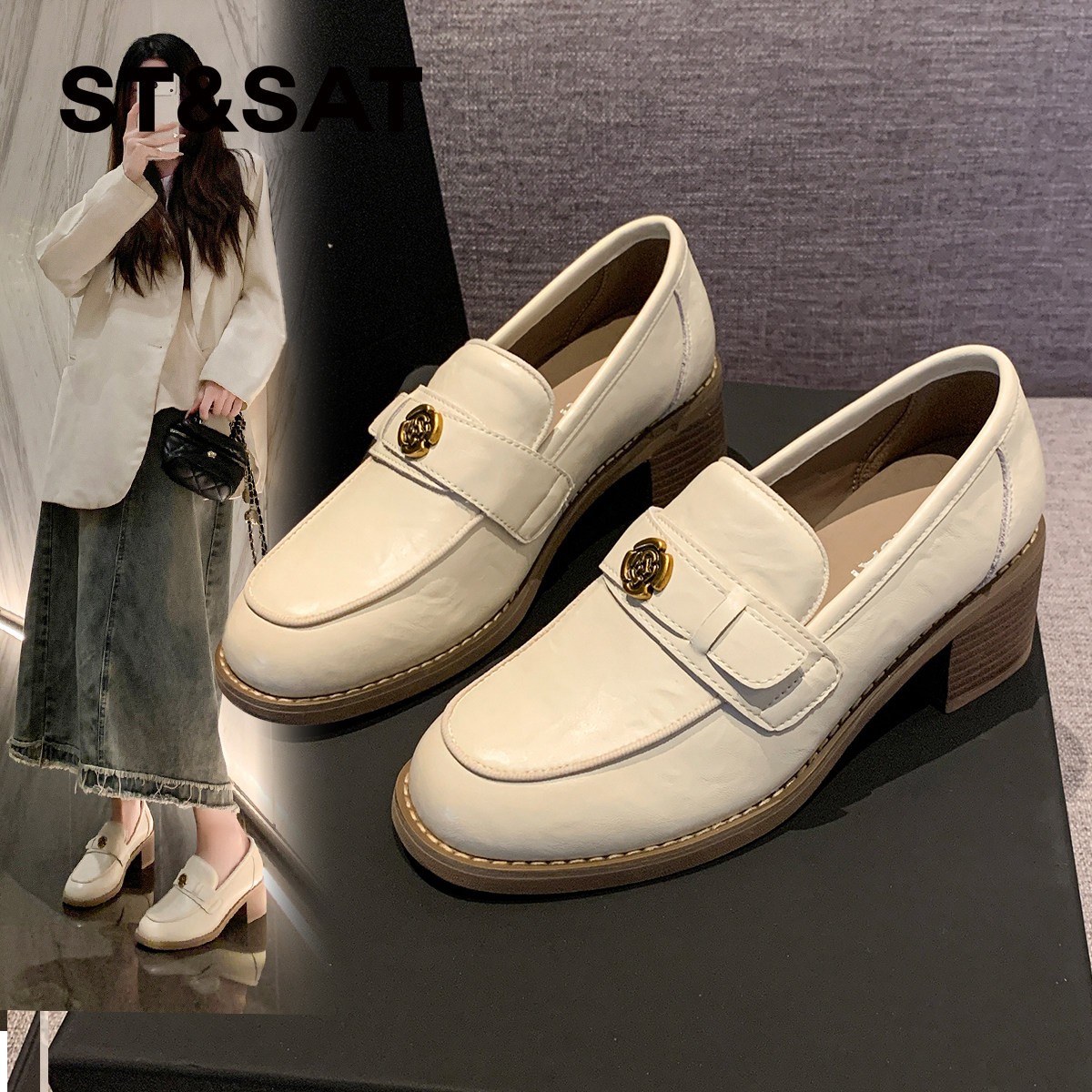 星期六爆款山茶花粗跟jk乐福鞋女鞋春季新款真皮软底单鞋通勤