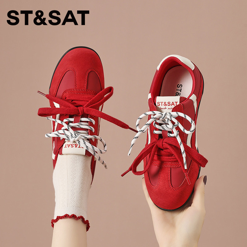 星期六2025新款复古真皮德训鞋女款小个子外穿增高透气休闲阿甘鞋