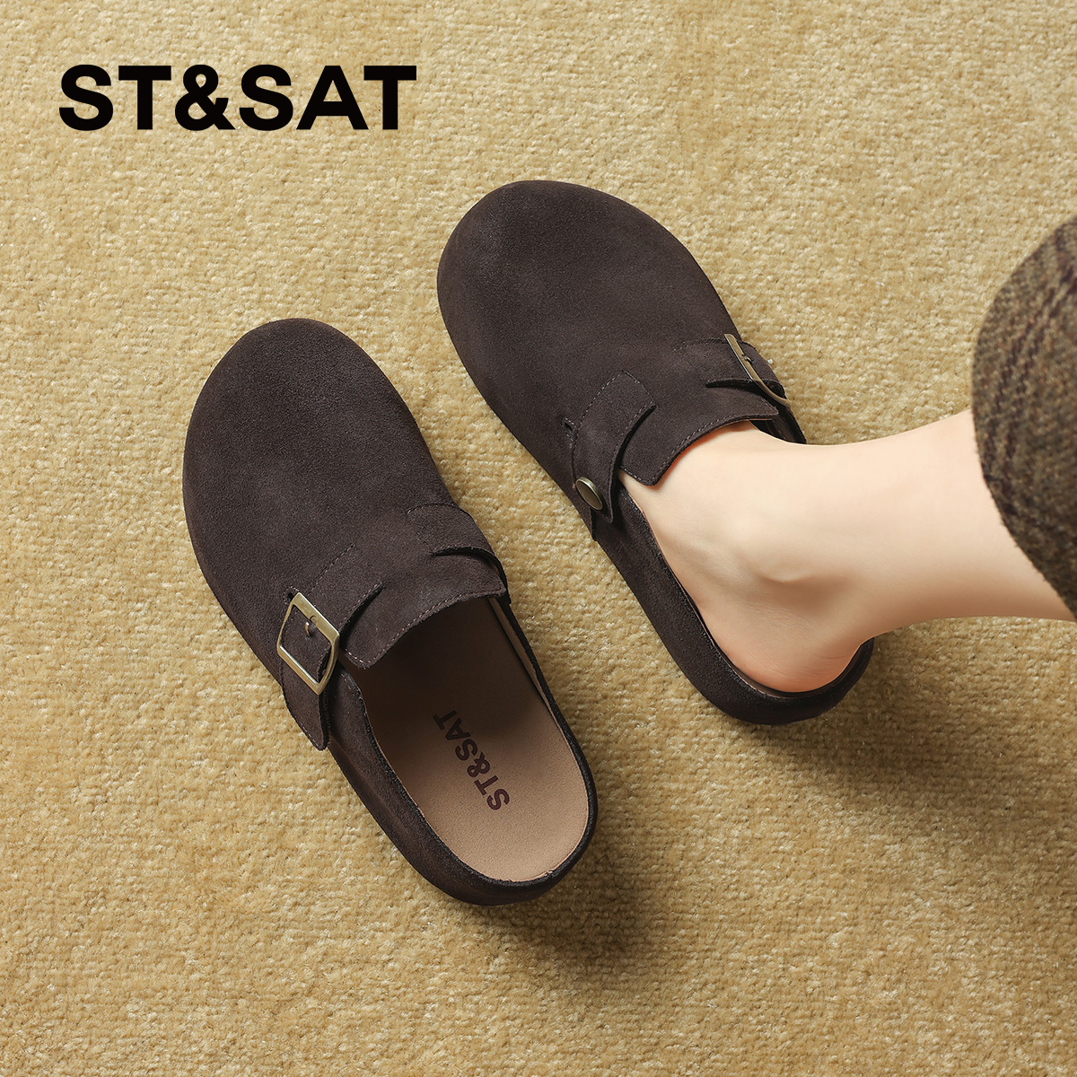 星期六复古厚底真皮勃肯鞋半拖女鞋子2025秋冬新款懒人一脚蹬软底