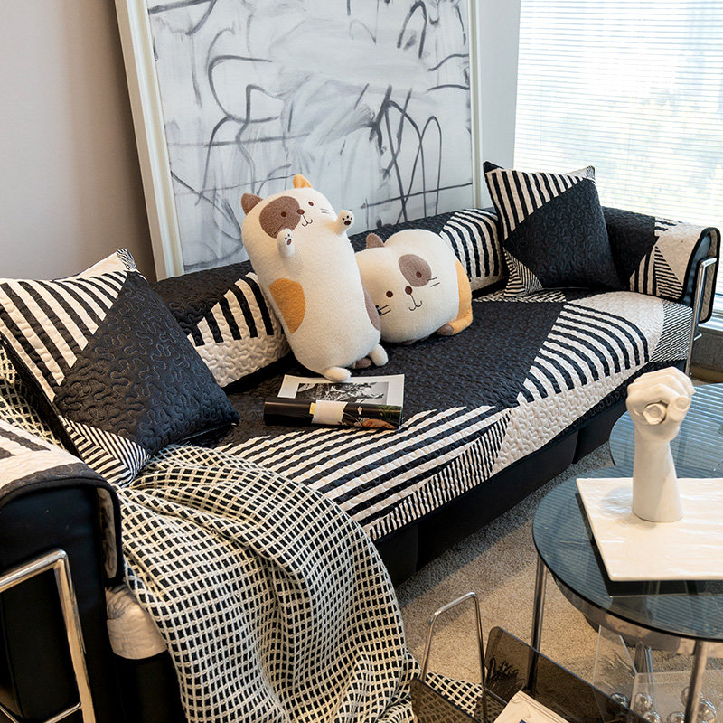 秋冬北欧现代黑白几何条纹沙发垫简约毛绒蓄热保暖沙发坐垫套盖巾,居家布艺,沙发垫,淘宝优惠券,粉丝福利购,淘宝优惠卷