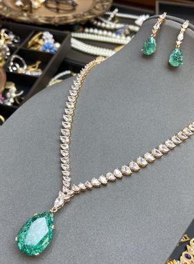 项链女彩宝新娘锆石项链耳环感首饰套装绿宝石水滴吊坠饰品批