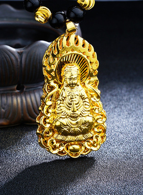 现货男士霸气沙金吊牌项链铜镀黄金龙头关公挂件观音款项饰女