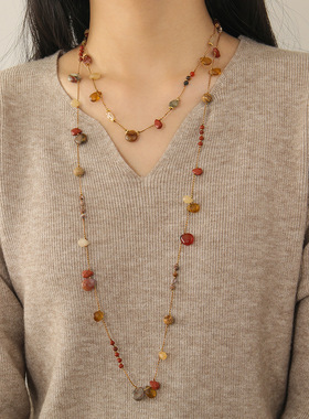复古酒红色系小众天然石玛瑙毛衣链串珠长款项链虎眼石饰品女