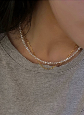 美产14K包金稀有碎银子强光天然巴洛克极小珍珠项链女锁骨链颈链