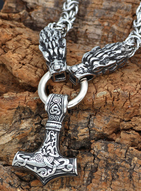 跨境北欧饰品维京毒龙图腾双龙头雷神之锤男士吊坠项链