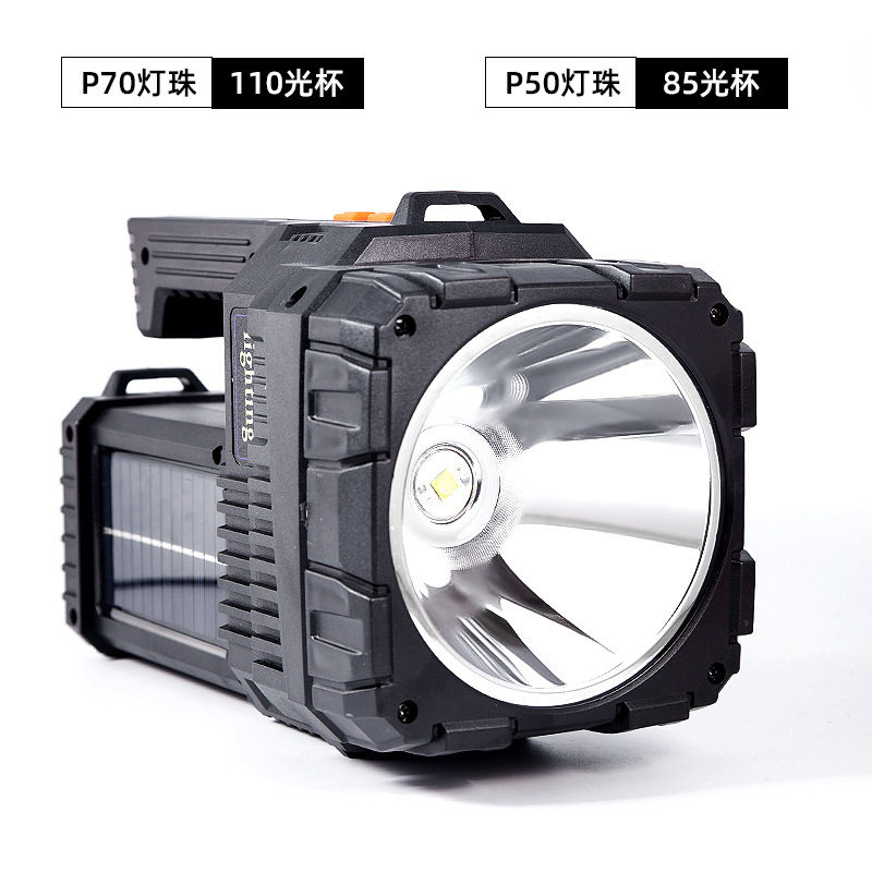 2023跨境新款红蓝光警示手提灯探照手电筒太阳能充电USB便携巡逻