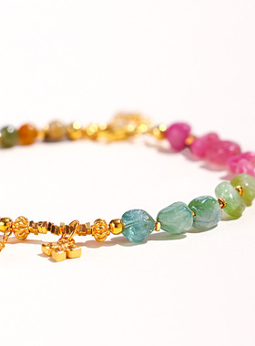 S925银配饰多巴胺彩色天然碧玺串珠手串女小众甜美淡水珍珠手串