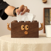 三思工房可爱实木纸巾盒黑胡桃木抽纸盒客厅餐桌收纳盒居家装 饰