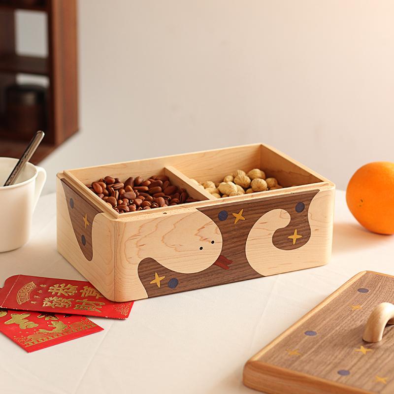 三思工房 新年实木糖果盒创意蛇来运转干果盒居家装饰桌面收纳盒