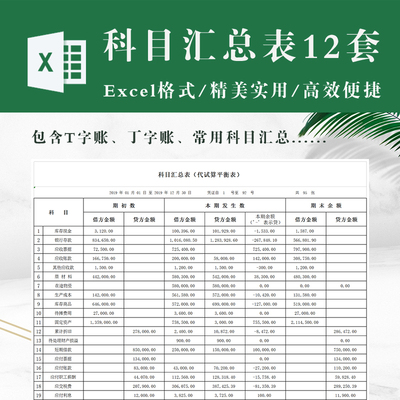 财务会计科目汇总表电子版账本 excel表格模板