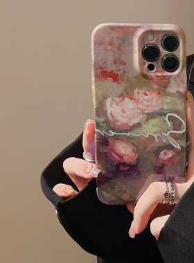 woods复古花朵苹果16/17Promax菲林壳软壳适用于iphone13/15pro油画手机壳防摔x/xs硬壳全包