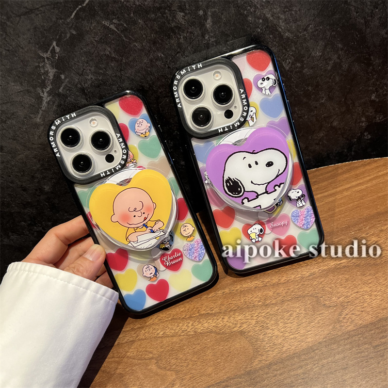 爱珀客 ins彩色爱心史努比查理支架适用于iPhone16苹果15promax手机壳13/14透明磁吸保护套12/11全包防摔挂绳
