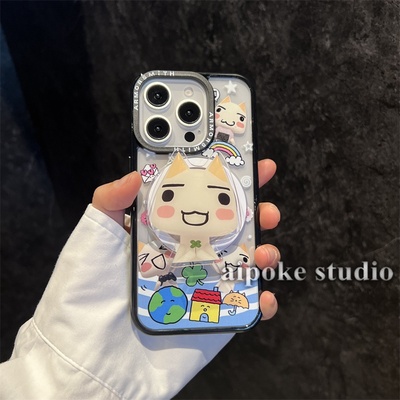 爱珀客 创意ins风卡通地球多罗猫支架适用于iPhone16苹果17promax手机壳13/14透明磁吸保护套12/15全包防摔女