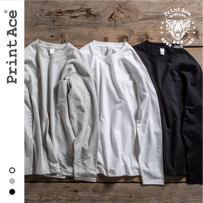 PrintAce18秋冬复古超重磅全棉无缝桶织带口袋圆领日系长袖男6238