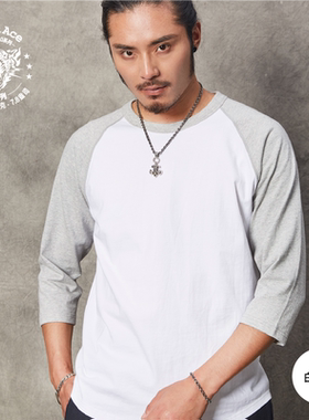 PrintAce咔叽复古重磅全棉桶织滚领斜肩拼色弧形下摆七分袖男6223