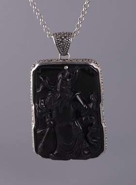 紫金裳 S925银复古 款泰银托包镶黑曜石 关公 关羽项饰吊坠