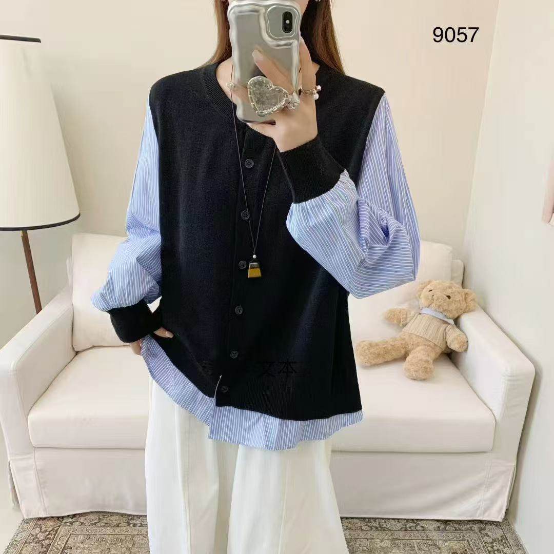 大码女装设计感假两件拼接长袖衬衫春装新款胖mm宽松显瘦上衣9057