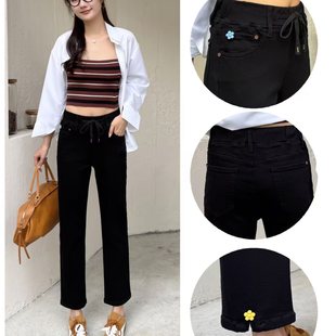 大码 高腰休闲裤 黑色烟管直筒牛仔裤 新款 女八分26年春装 26号上新