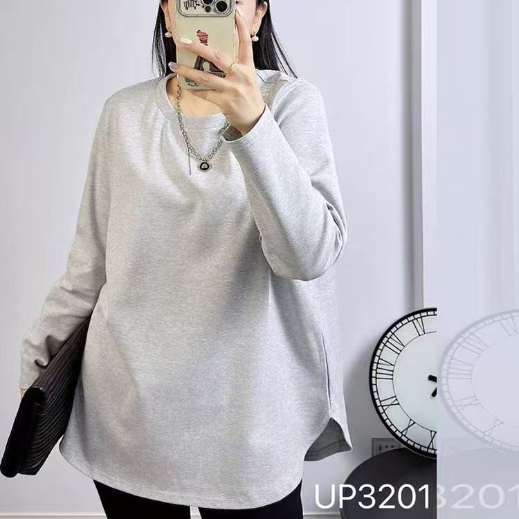 灰色长袖t恤女秋冬装加绒卫衣女