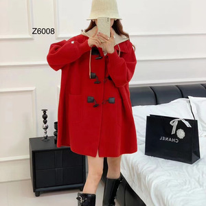 特大码中长款双面水貂绒大衣女牛角扣红色毛呢外套大码女装6008