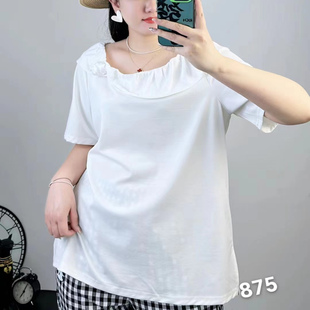 温柔风胖mm宽松舒适薄款 白色短袖 上衣米莱奇875 女夏装 大码