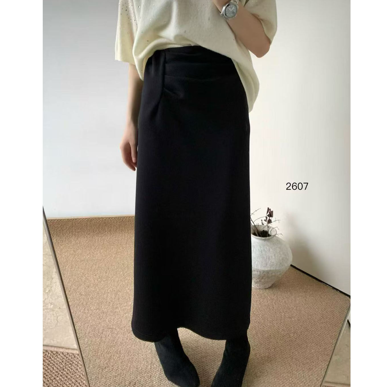 直筒开叉半身裙女~秋冬高腰西装半身裙女新款腹部褶皱女裙子2607