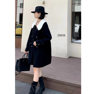 黑色毛呢外套大码女秋冬2024新款高个子韩系娃娃领呢大衣女6618