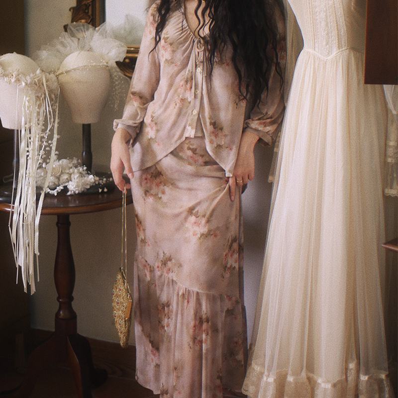 复古美学中式网纱上衣鱼尾半身裙