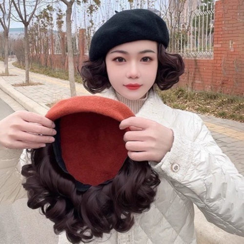 秋冬贝雷帽假发一体妈妈款遮白发