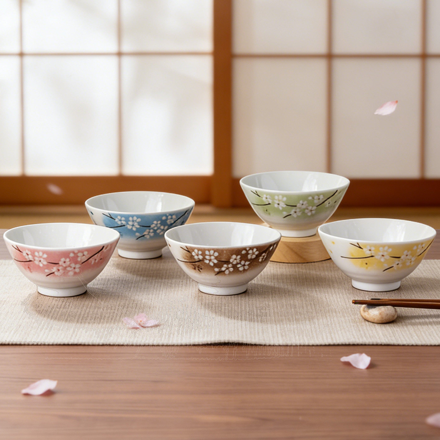 美浓烧日本进口陶瓷餐具釉下彩五彩春樱花4.5英寸碗五件套-礼盒