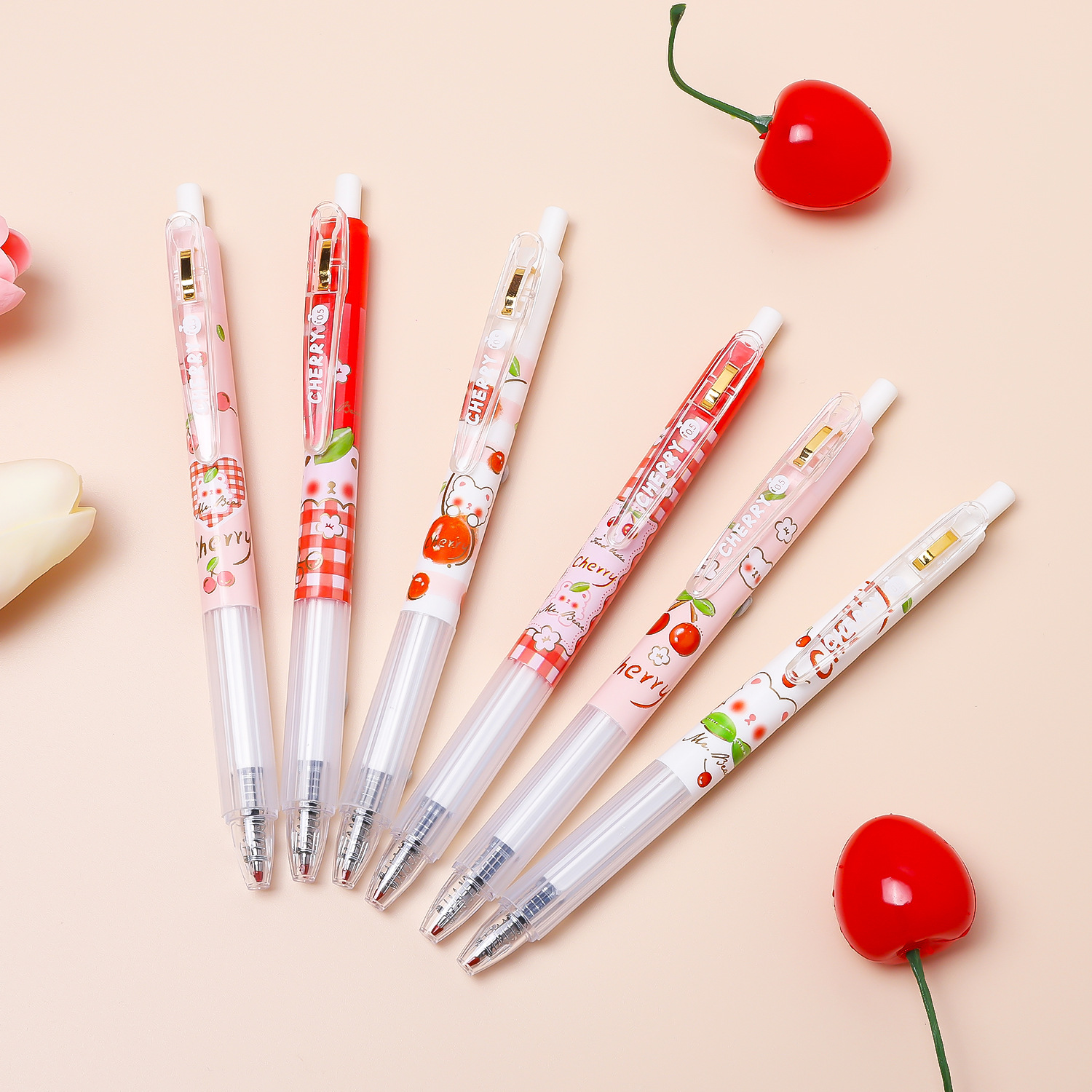 一木林小清新少女心签字笔中性笔 白熊的樱桃园夹子按动水笔0.5mm