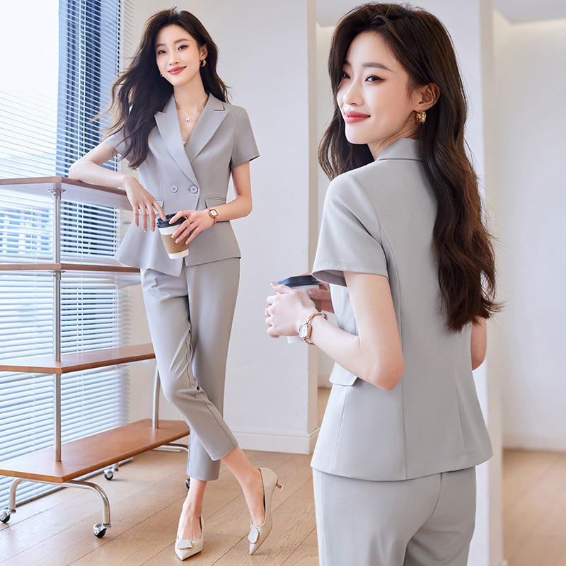 夏季西装套装女薄款职业装正装气质工作服夏天灰色短袖西服外套夏