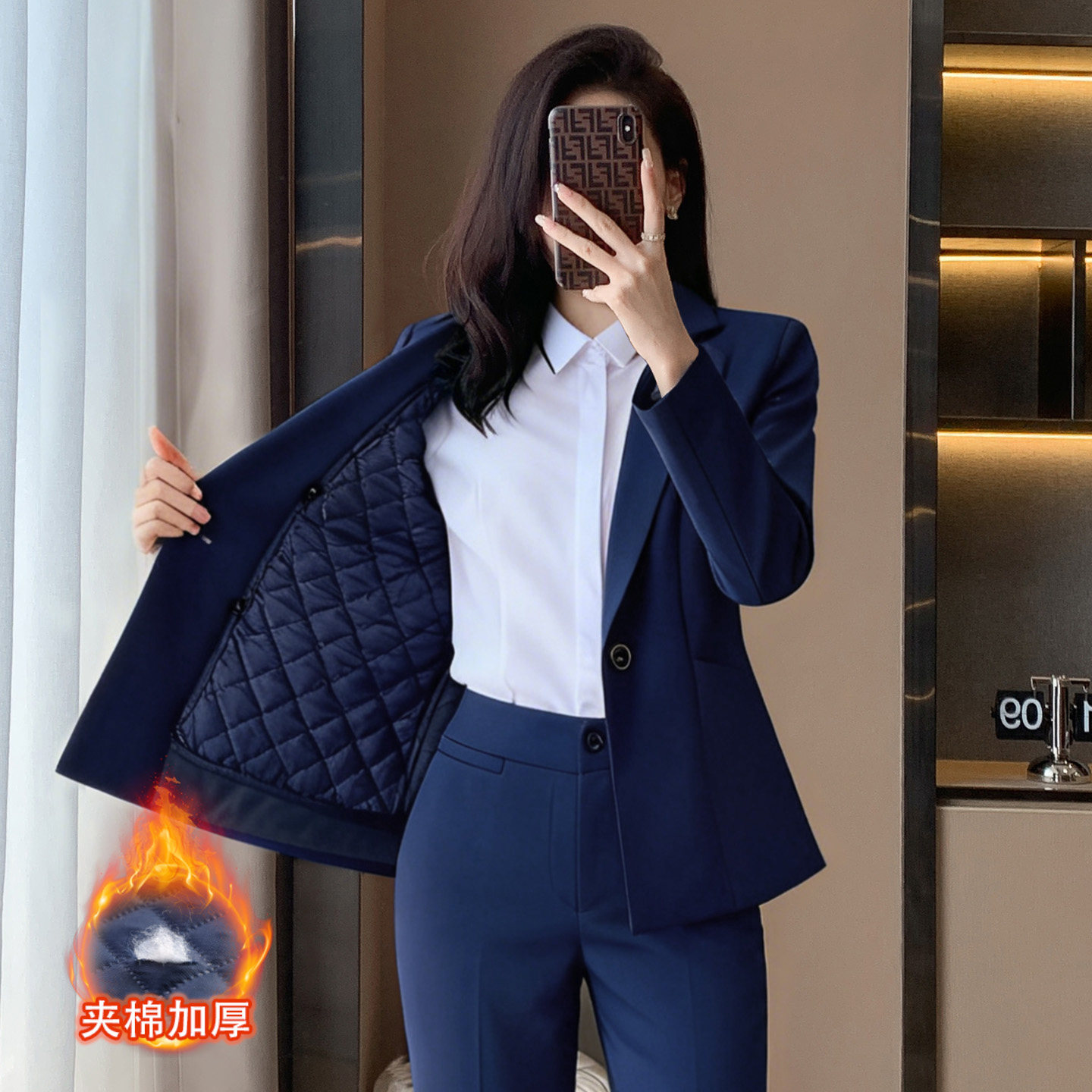 蓝色职业西装套装女2026新款面试正装冬季加厚夹棉西服外套工作服