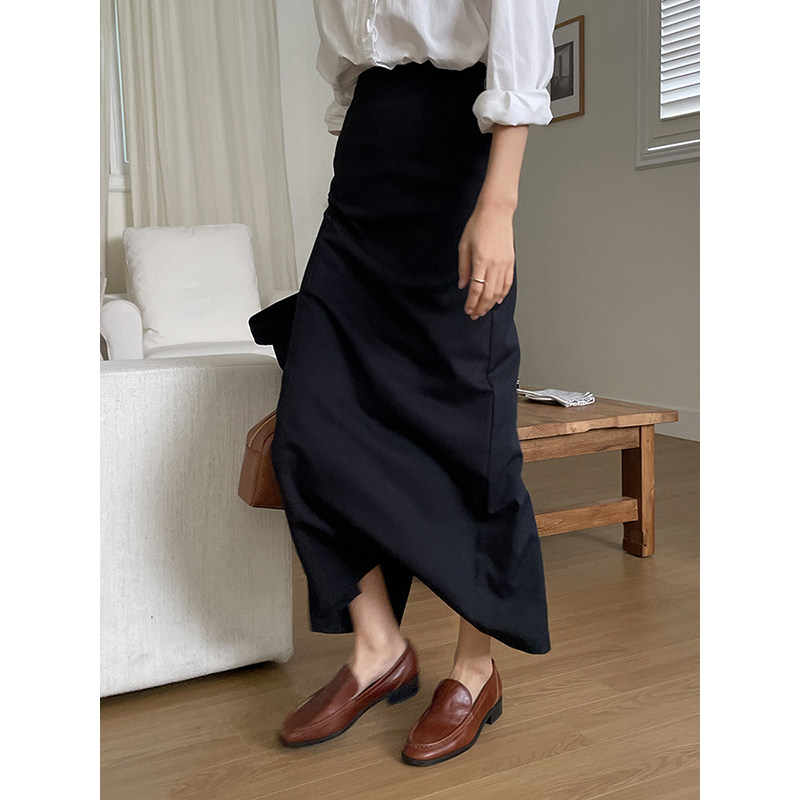 藏蓝色直筒修身气质通勤长裙