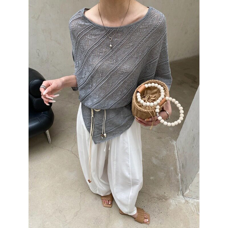 外贸剪标女装大牌尾货曲珠冰丝配腰带慵懒风镂空蝙蝠袖针织衫