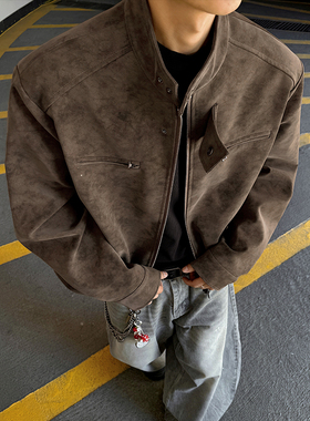 2026春季新款正肩PU皮衣美式乍然大码立领夹克外套男痞帅宽松外套