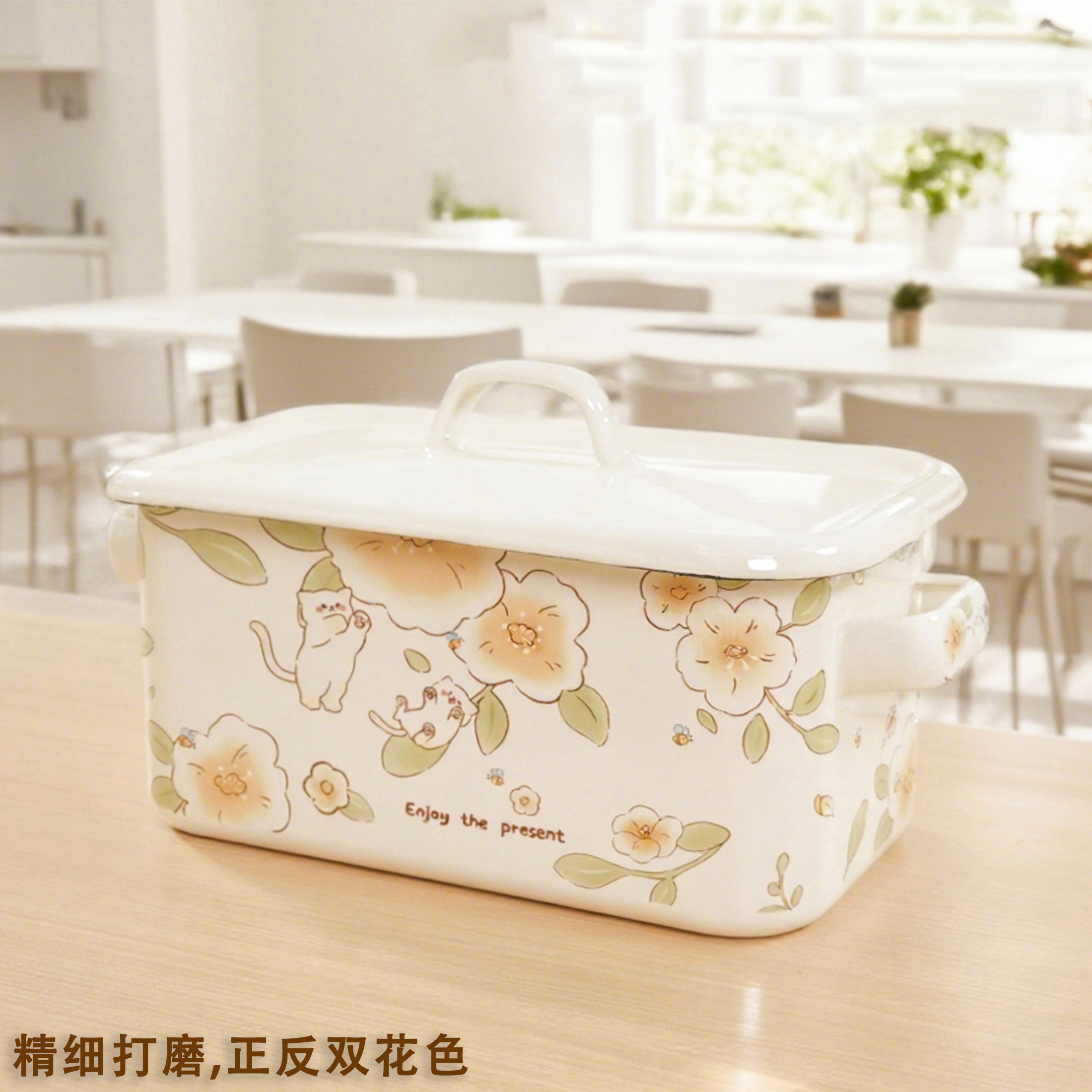 猫咪加厚珐琅搪瓷长方密封保鲜碗面包盒发酵盒烘焙面包模具收纳盒