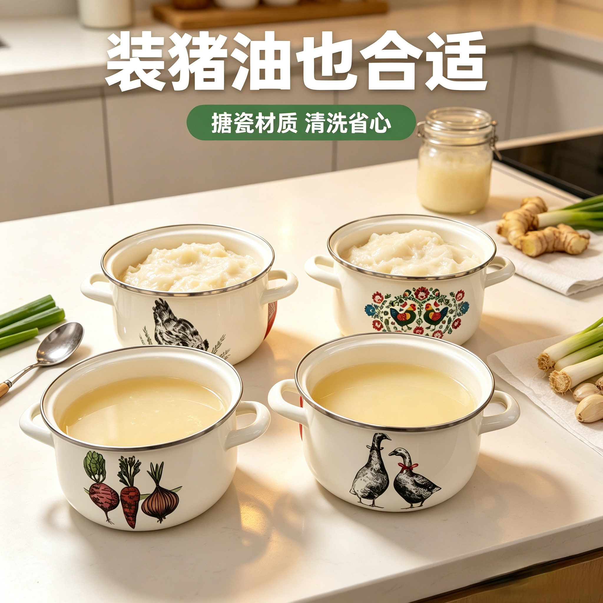 杂花20cm加高2.5L容量搪瓷锅腌卤肉杂粮装米猪油煲汤保鲜桶猪油罐