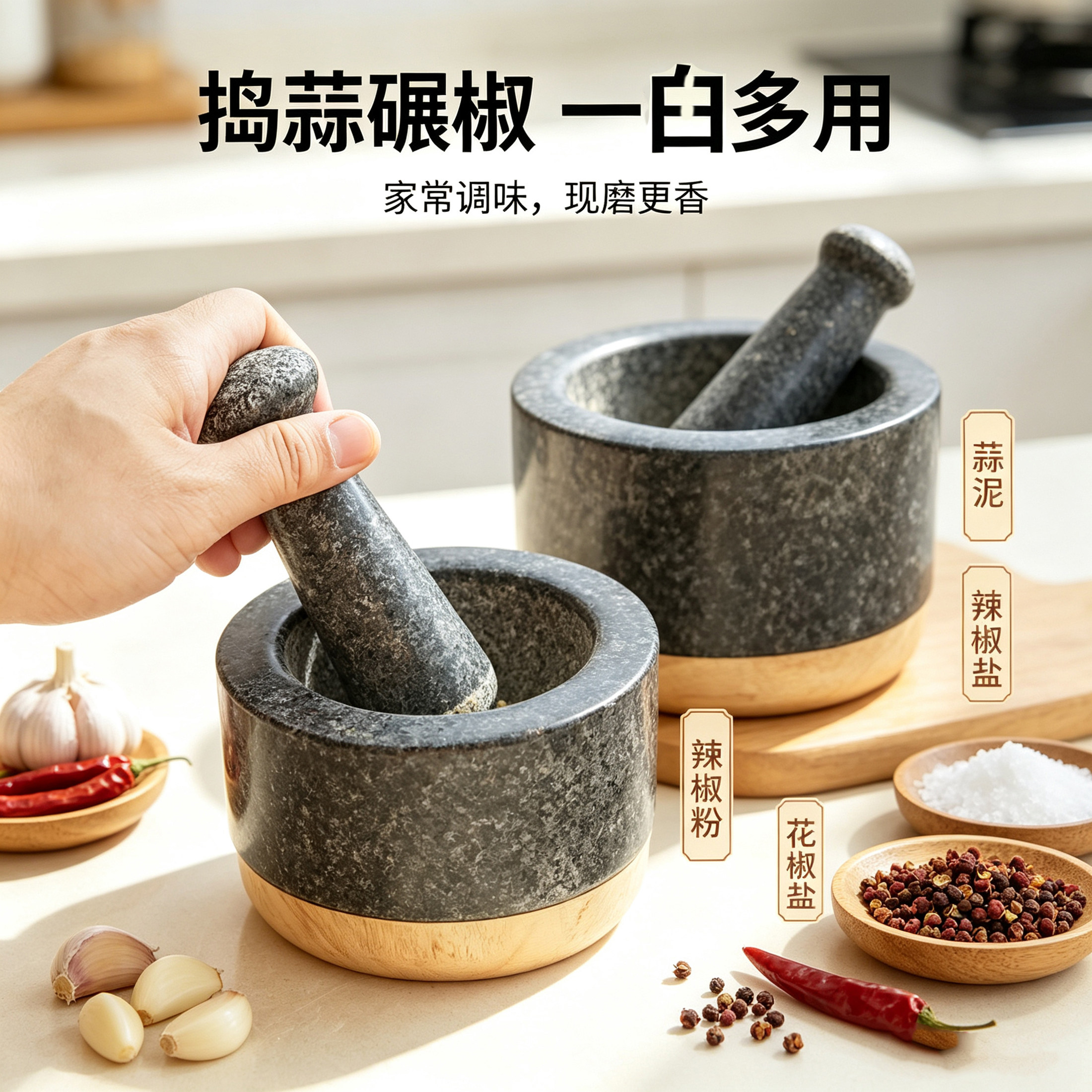 整块花岗岩捣蒜盅 石臼家用捣蒜器非石粉压制厚实稳固香料研磨罐