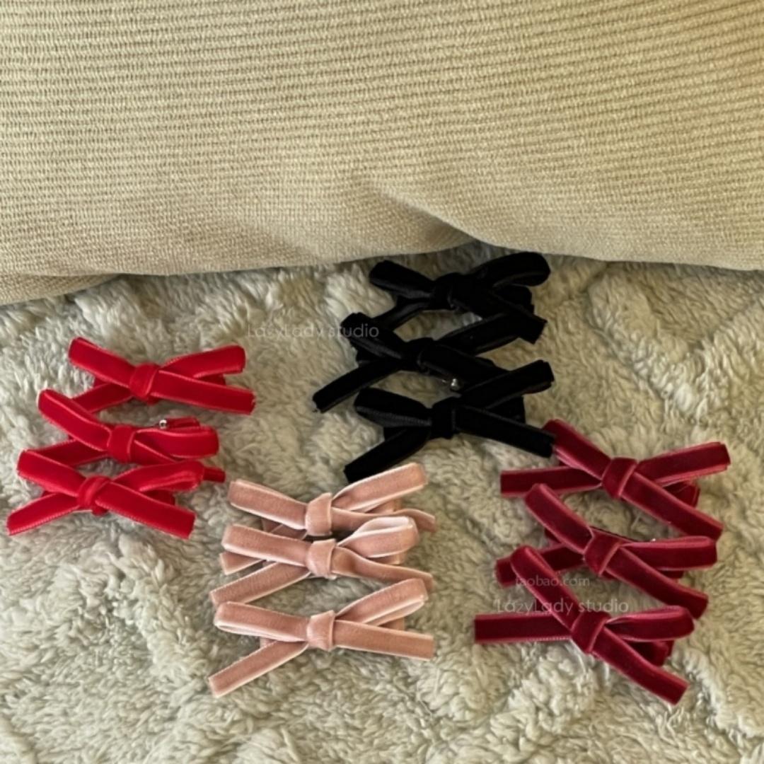 3个装~盘发夹子 甜美复古丝绒蝴蝶结发夹ins少女刘海边夹编发夹子