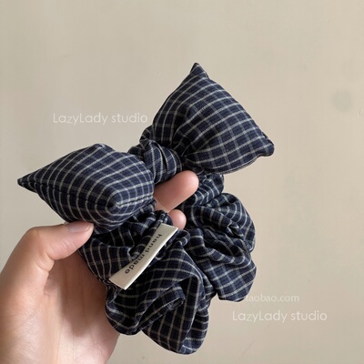 韩系藏蓝格子大蝴蝶结发圈 布标洋气时髦运动高丸子头发绳头花