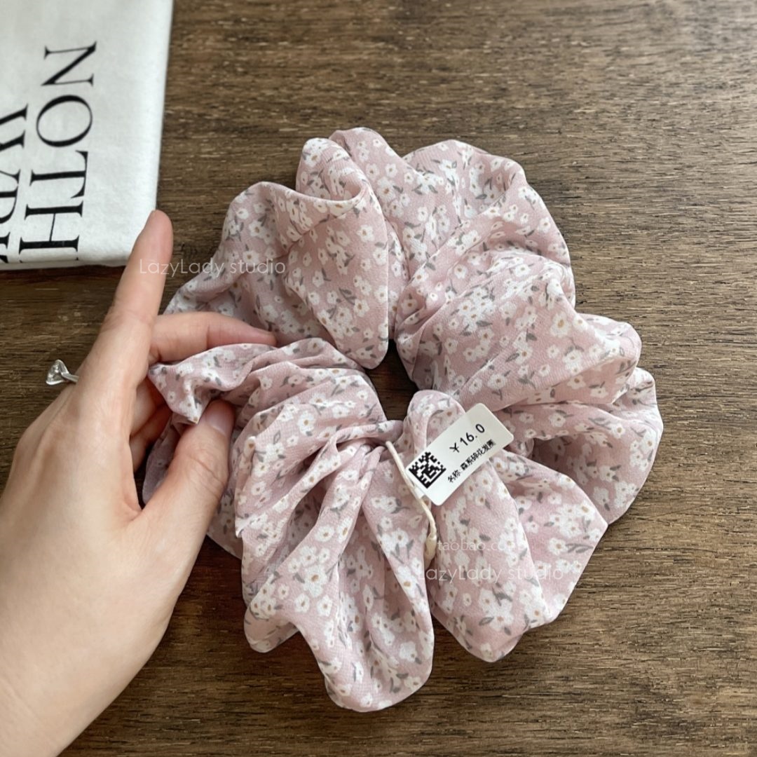 藕粉色 小雏菊清新印花大肠圈 马尾丸子头发圈雪纺头花