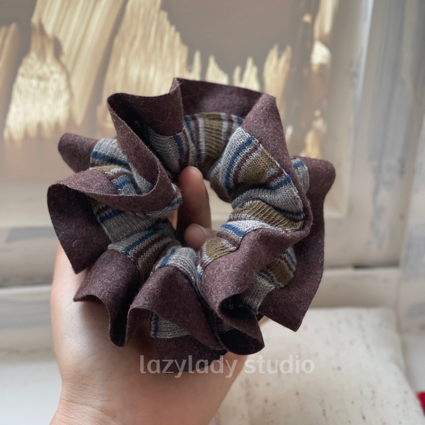 棕色条纹撞色复古头花 小高货 秋冬毛呢针织重工洋气发圈发饰