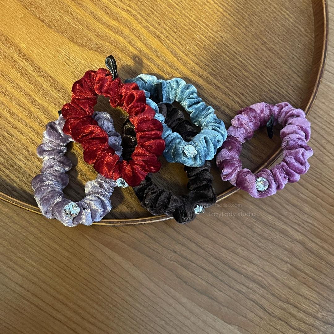 精致小高货！进口材质高级感胭脂玫瑰锆石丝绒细发圈发绳皮筋女