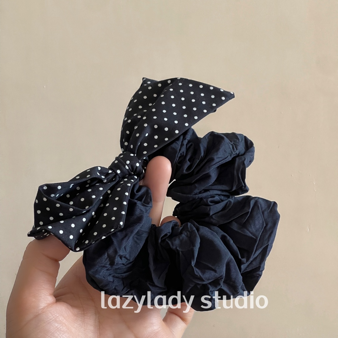 棉麻~波点藏蓝蝴蝶结肠圈 高丸子头马尾头绳小众头花洋气发饰女