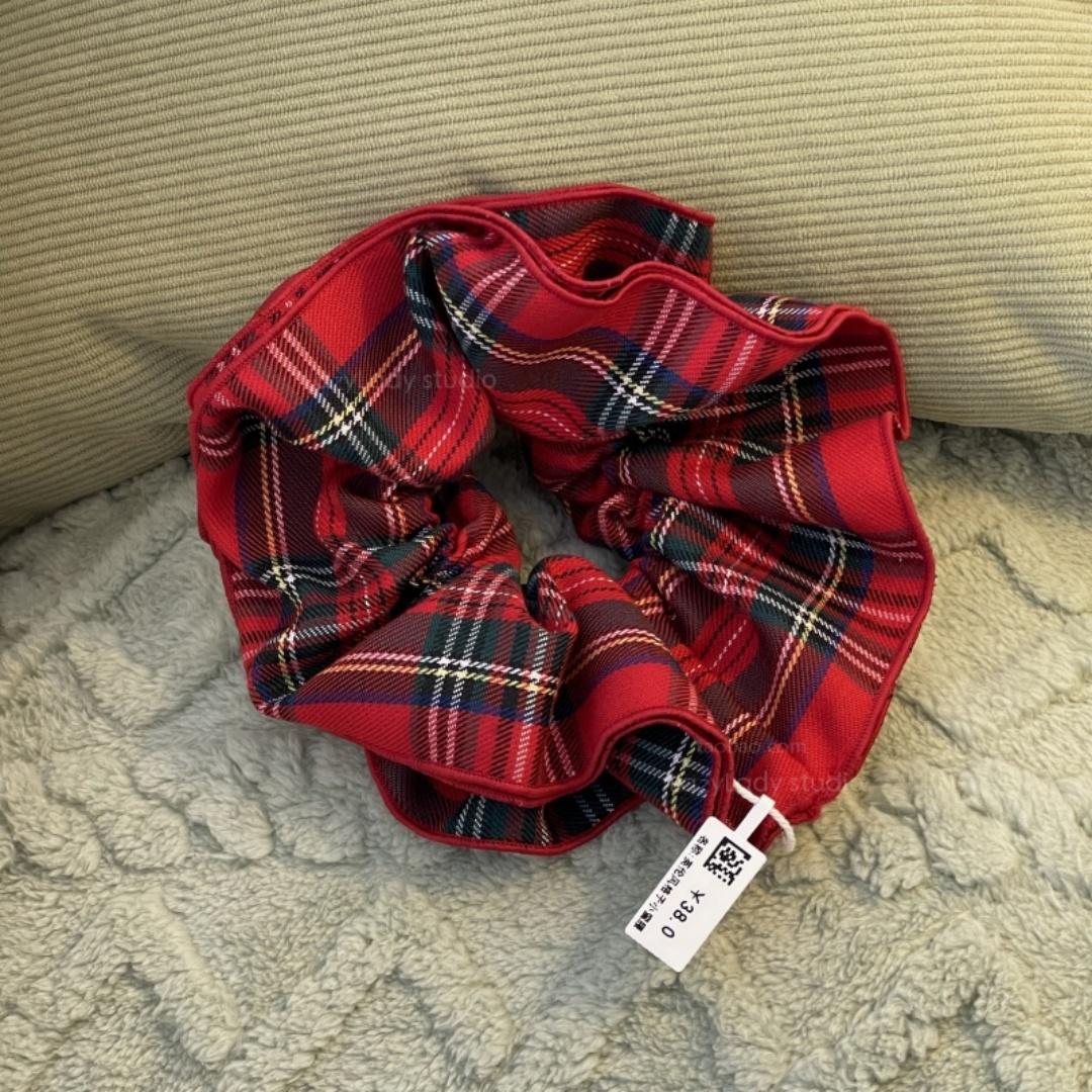 英伦风超大号红色格纹肥肠圈法式复古大肠发圈高级感头绳发饰女